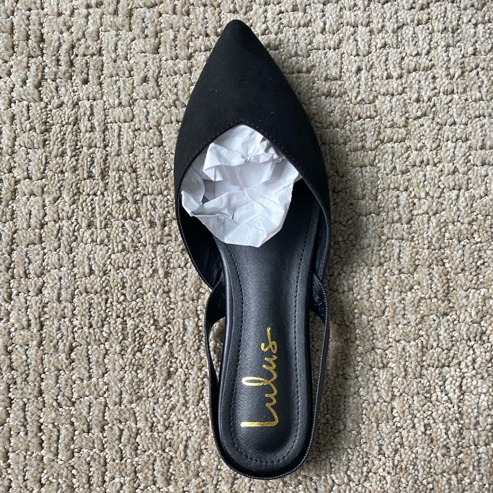 BRAND NEW BLACK MULES WITH STRAP (LULUS)